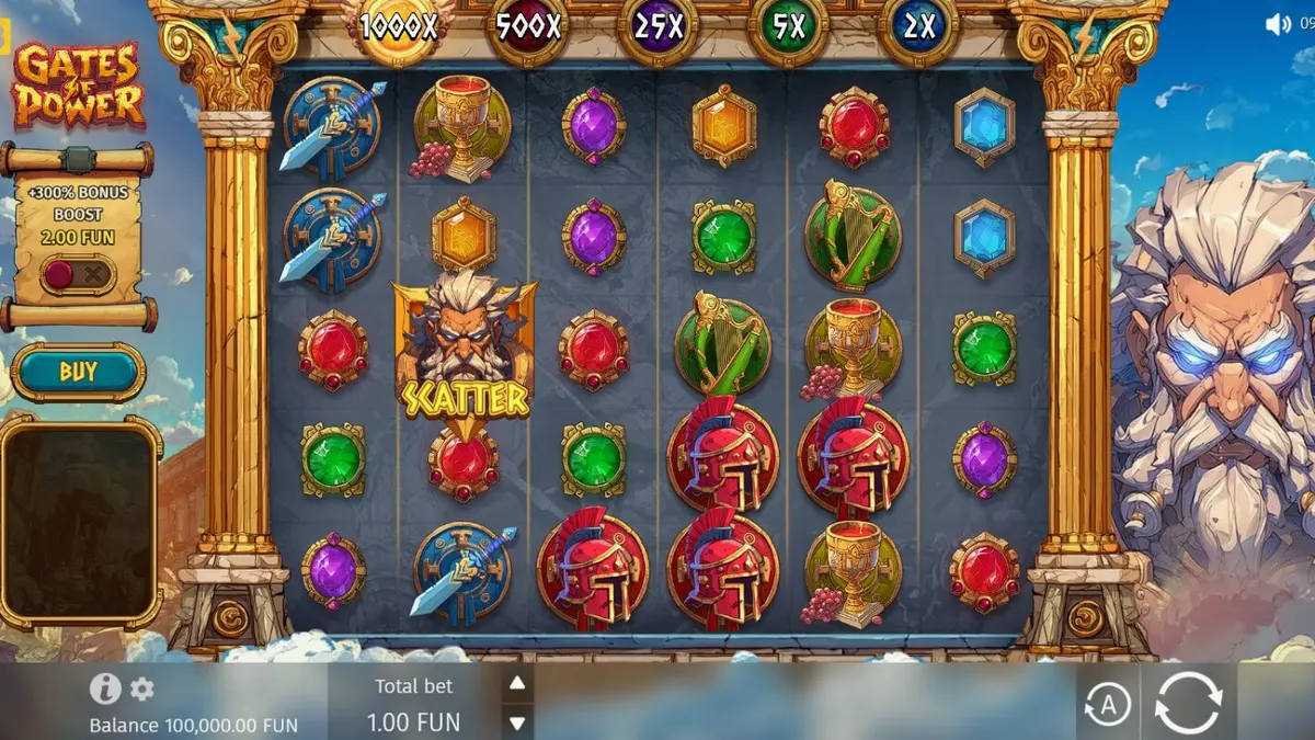 Tampilan visual slot Gates of Power dengan latar belakang Gunung Olympus dan Zeus